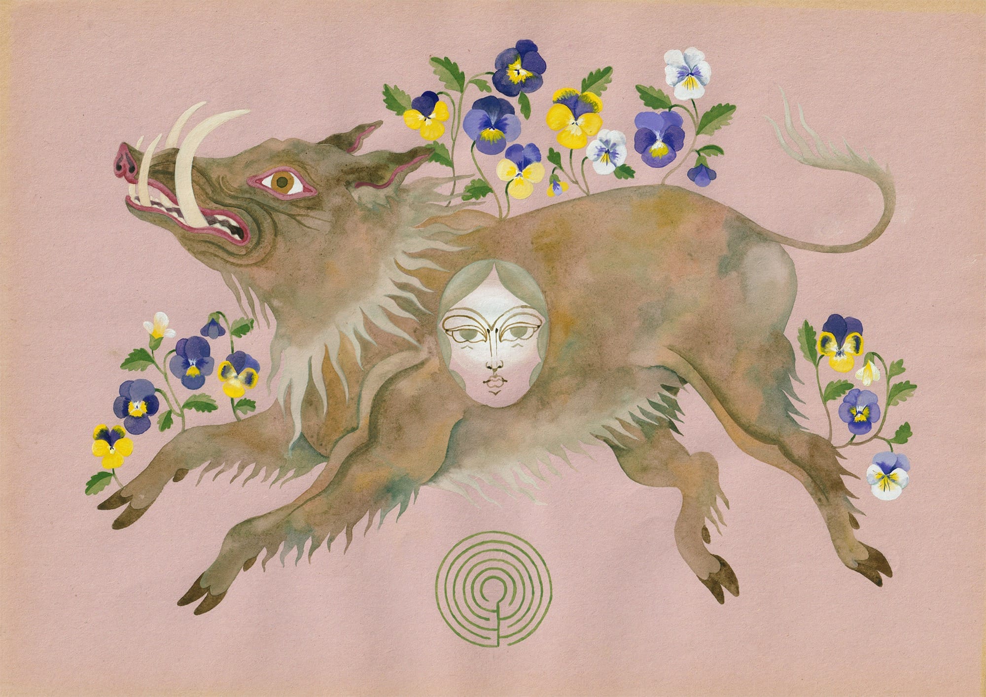 a painting on pink paper of a boar with flowers growing out of its back and legs, with a face superimposed on its torso