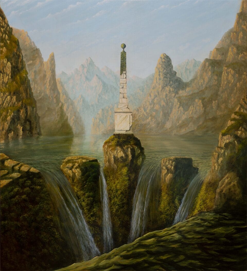 an otherworldly landscape painting of an obelisk monument perched on a rocky outcrop in a mountainous landscape