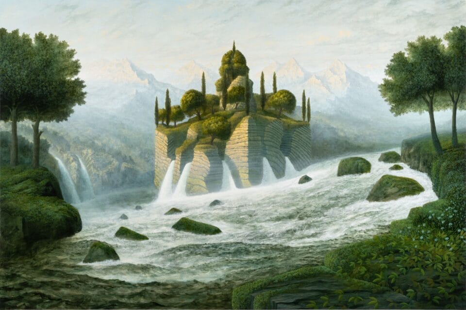 an otherworldly landscape painting with a large structure on a rocky outcrop, surrounded by water and flanked by trees