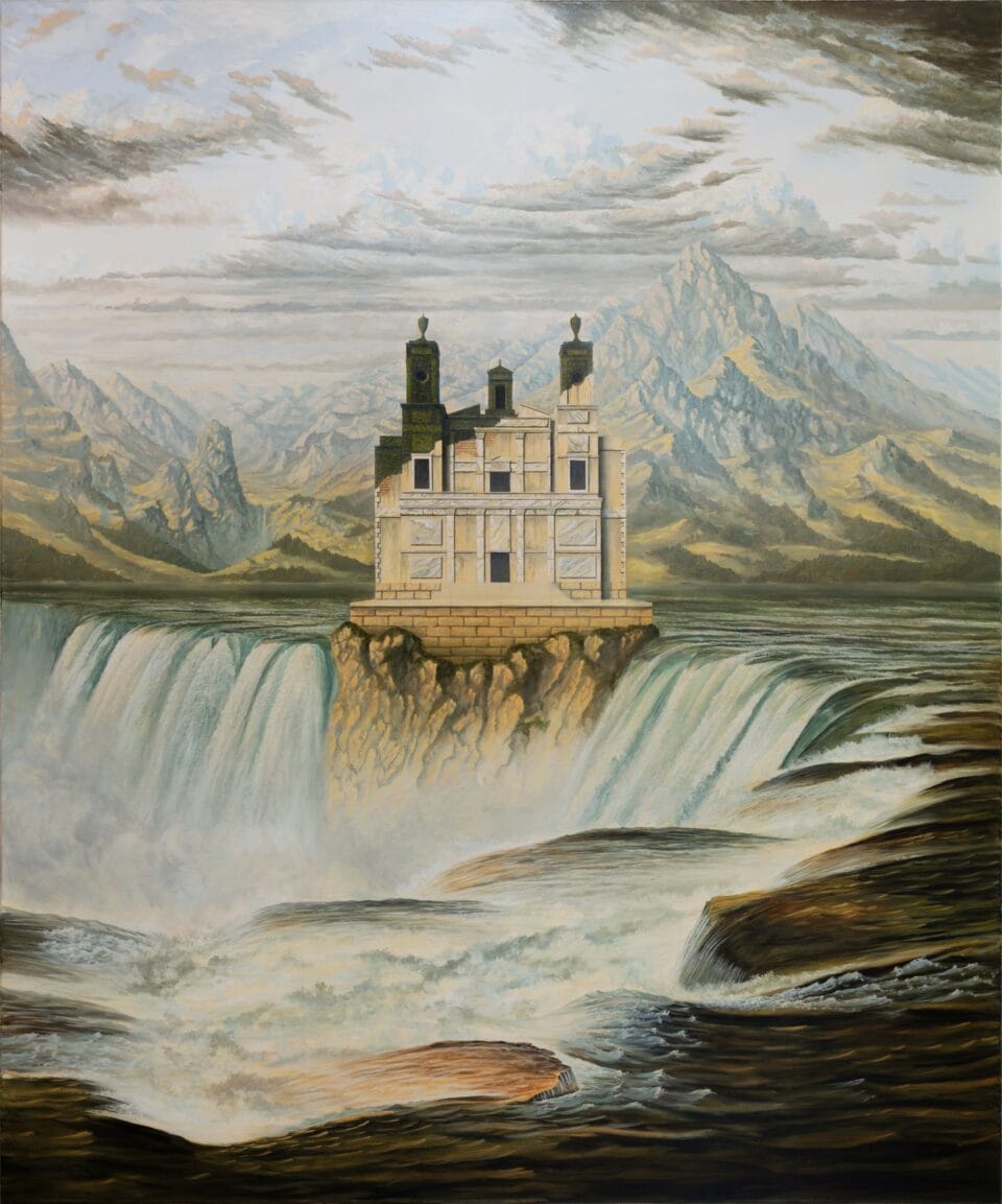 an otherworldly landscape painting of an Italian facade on the top of a very large waterfall