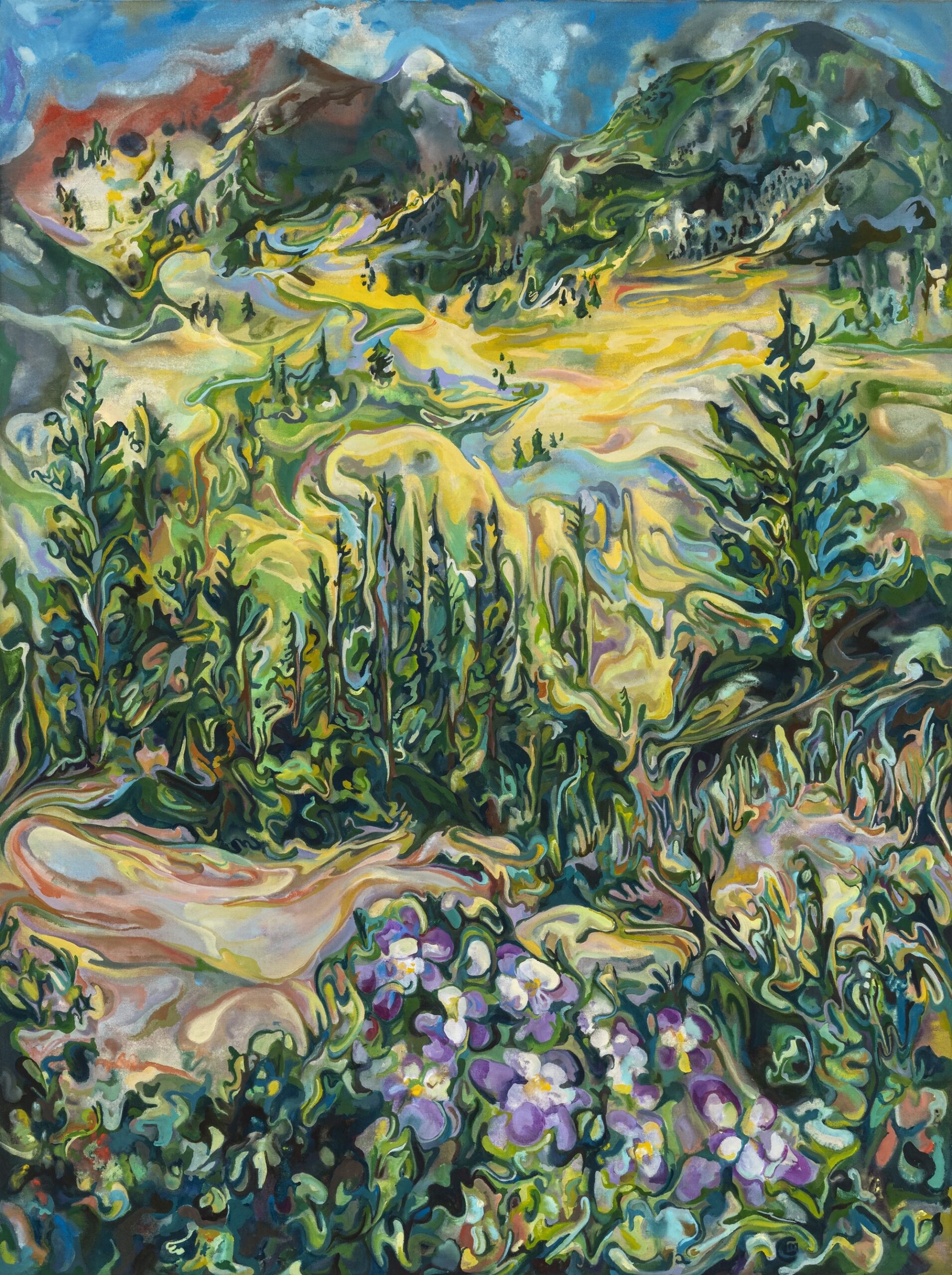 a vibrant gestural landscape in hues of green, yellow, pastel purple, and light blue