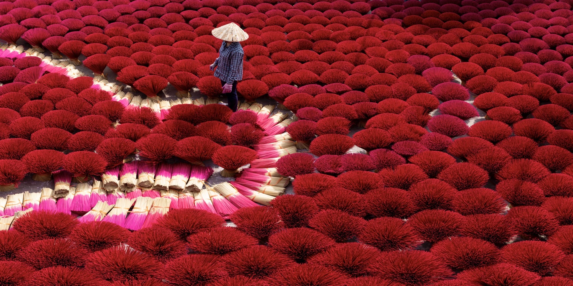 a panoramic photo of a figure wearing a wide-brimmed hat and walking among bouquets of red incense covering the ground