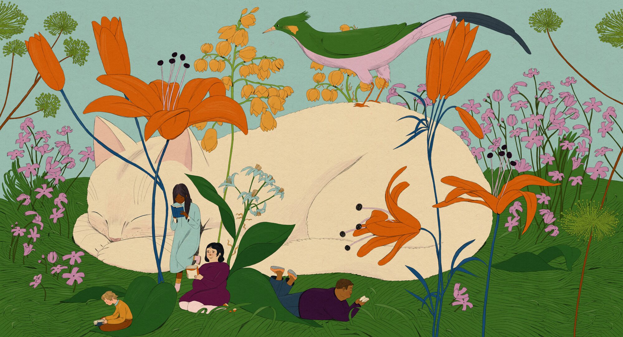 a colorful illustration of a large, white cat napping among some flowers, with birds perched on it