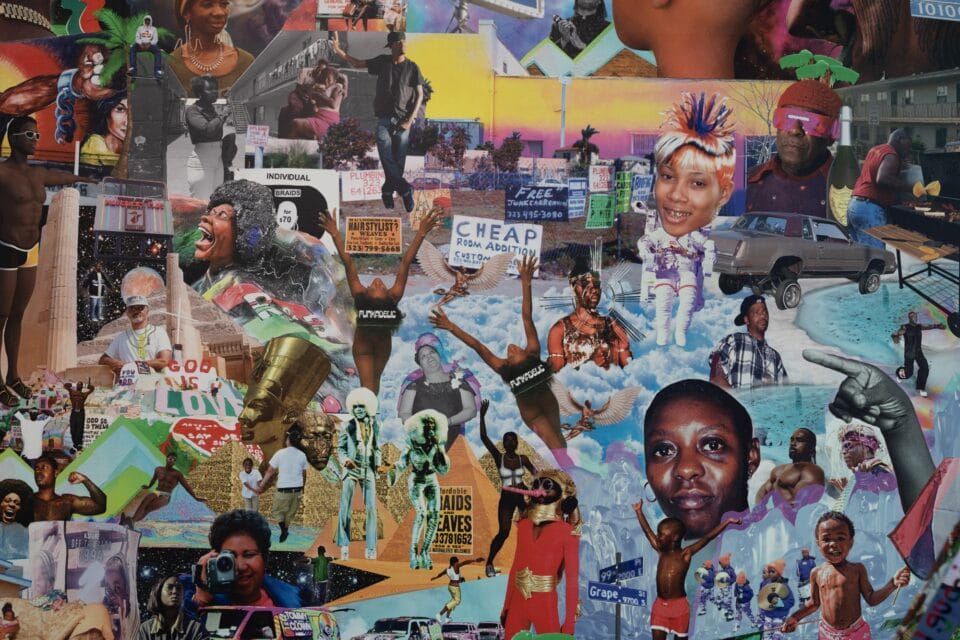 a detail of a collaged image of numerous Black pop culture figures, objects, and signs