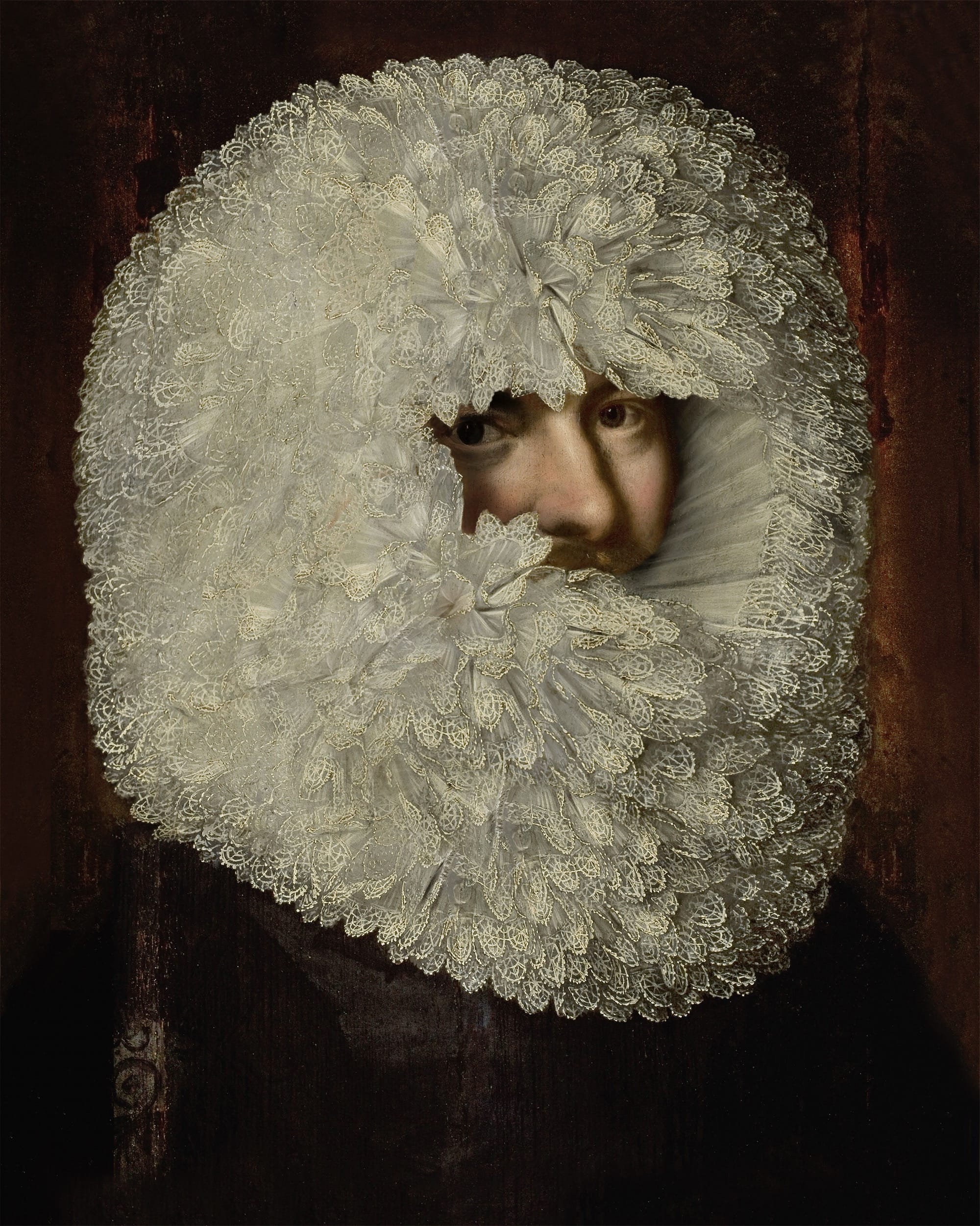 a digitally reimagined portrait showing a man with a lace ruff that ridiculously covers his head and his face