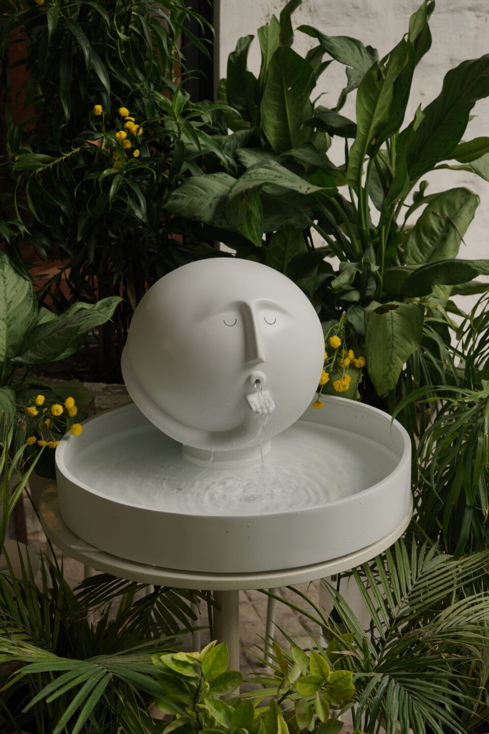 an ivory water fountain in the shape of a spherical head and circular basin sits among plants