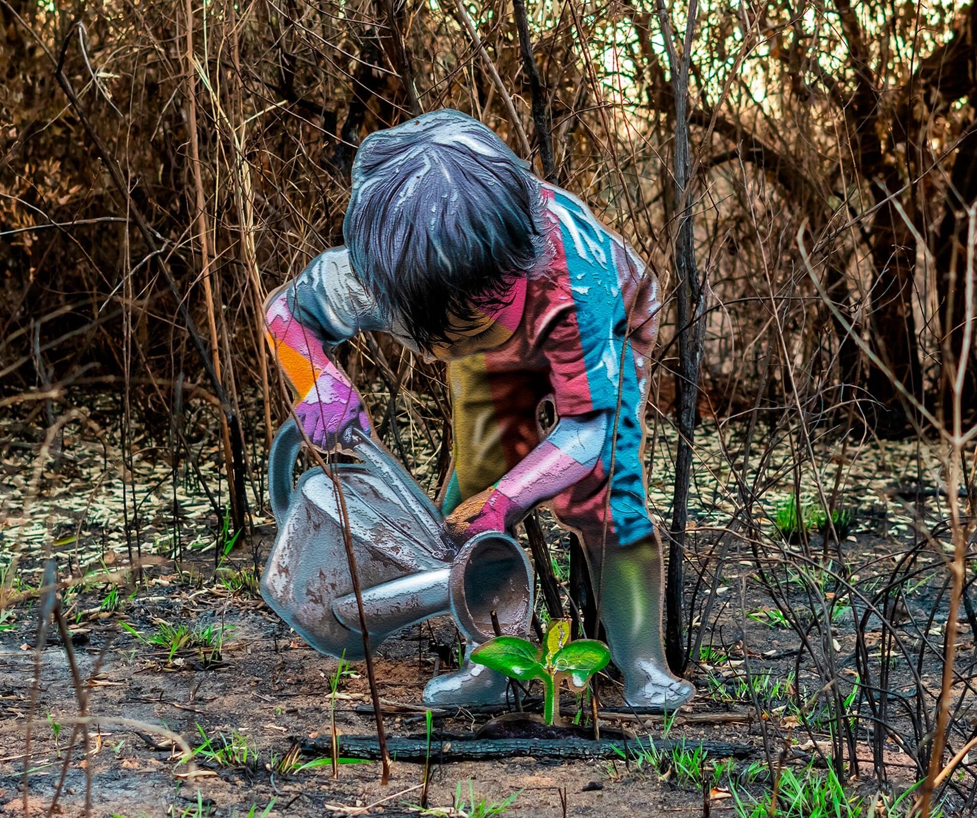 a cutout temporary artwork of a young child watering a sprouting plant, photographed in a burnt forest