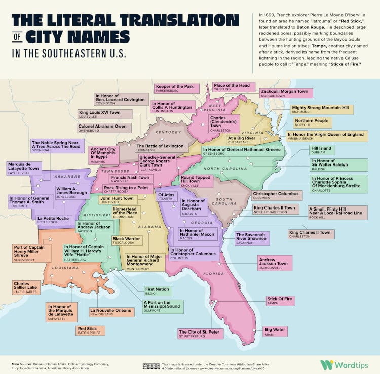 Map revealing literal translation of Southeastern U.S. state and city names