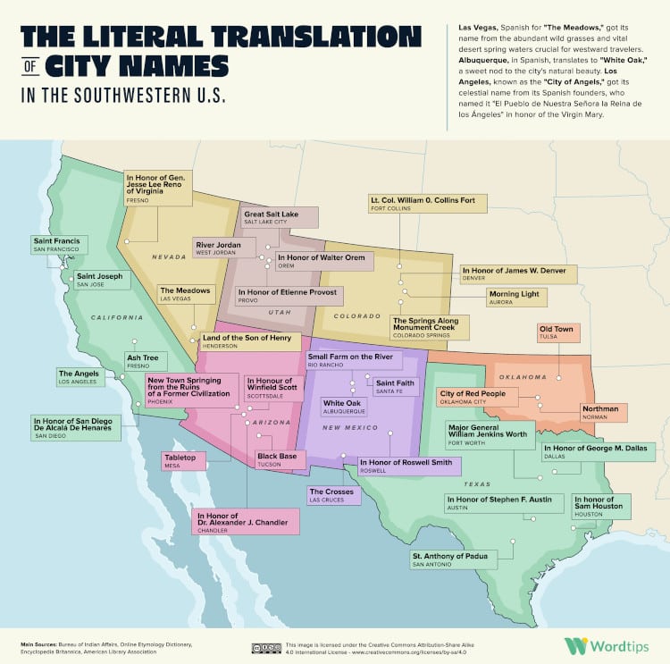 Map revealing literal translation of Southwestern U.S. state and city names