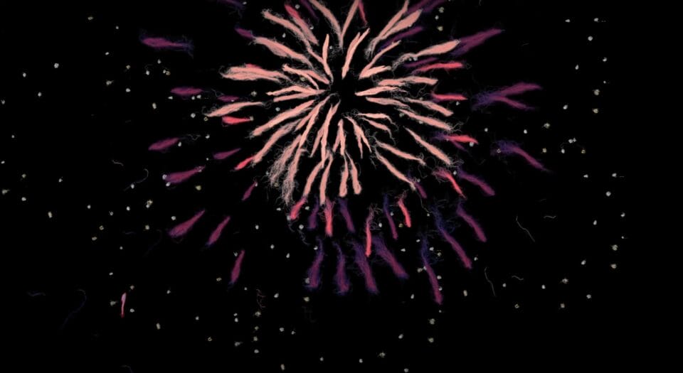 a screenshot from a short animated film of felted wool pieces in the shape of fireworks exploding