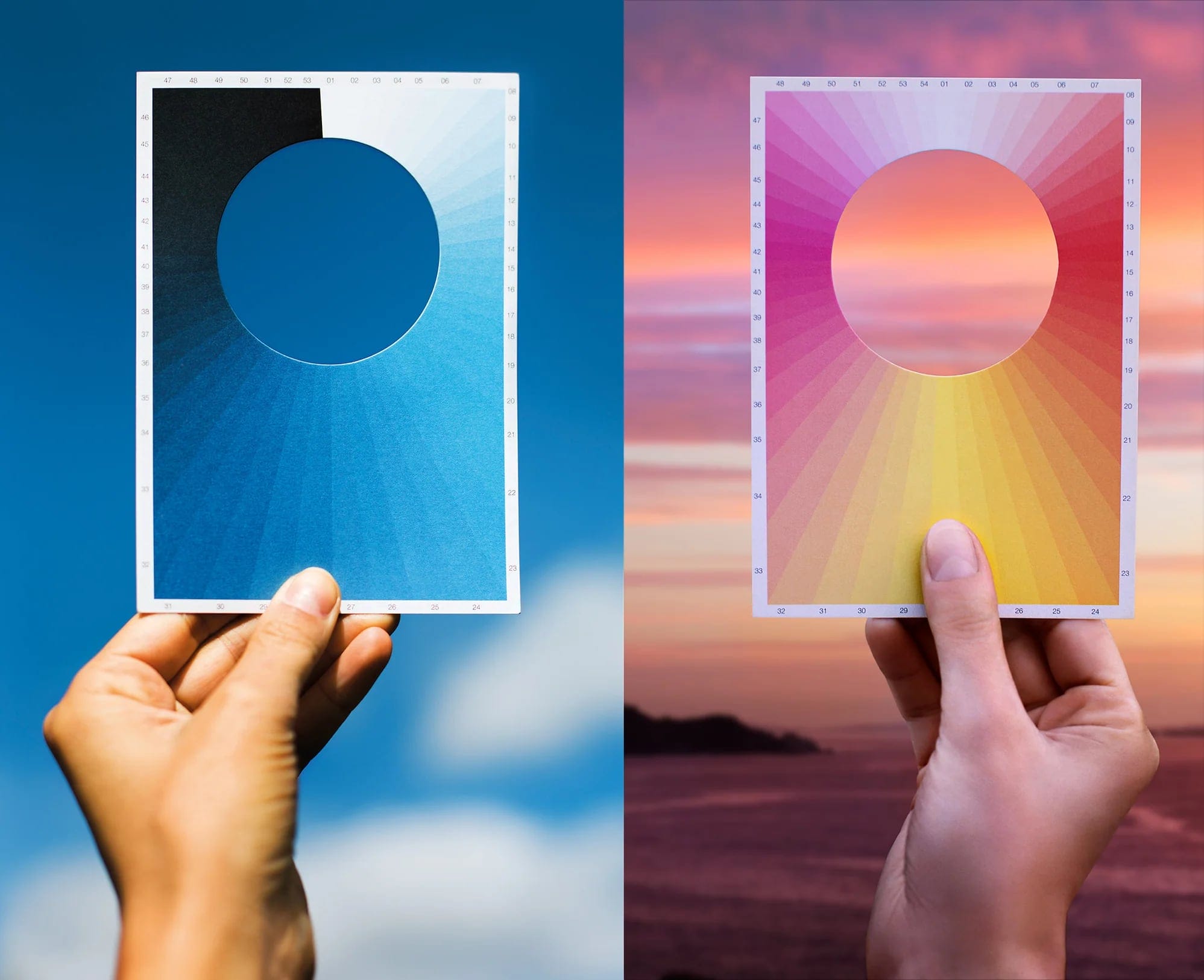 left: a white hand holds up a postcard with a round cut out in the center and various shades of blue surrounding it. the blue sky shines through the middle. right: a white hand holds up a postcard with a round cut out in the center and various shades of pinks, oranges, and yellow surrounding it. the sunset sky shines through the middle