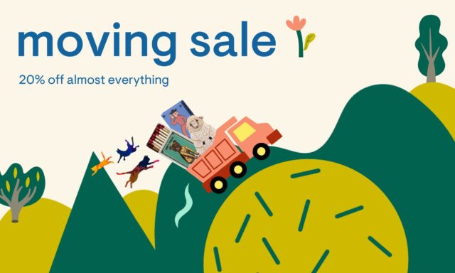 a moving truck carrying items droves up a hill. the text at the top reads, "moving sale 20% off almost everything"