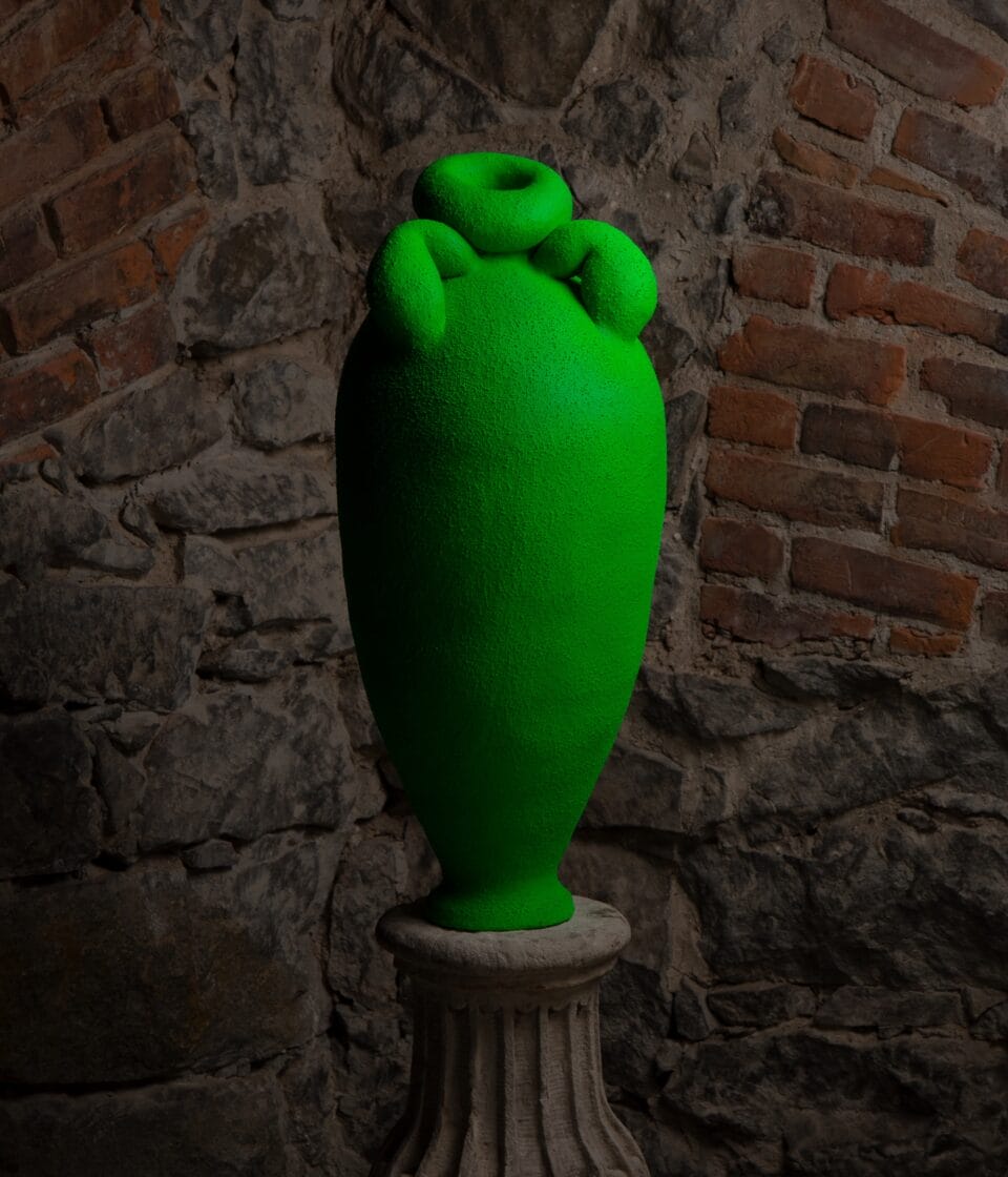 a tall, pudgy-looking, bright green ceramic vessel modeled on an ancient amphorae