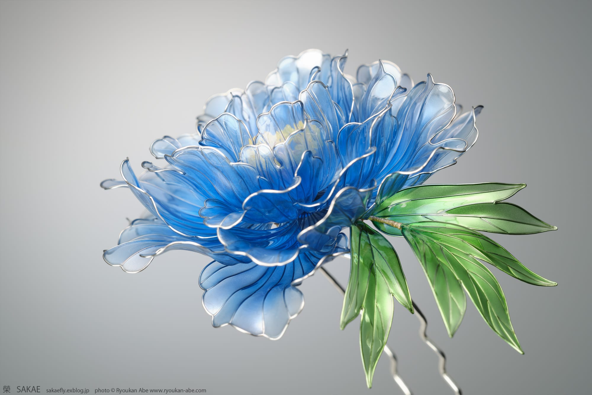 a blue hydrangea made from resin and wire