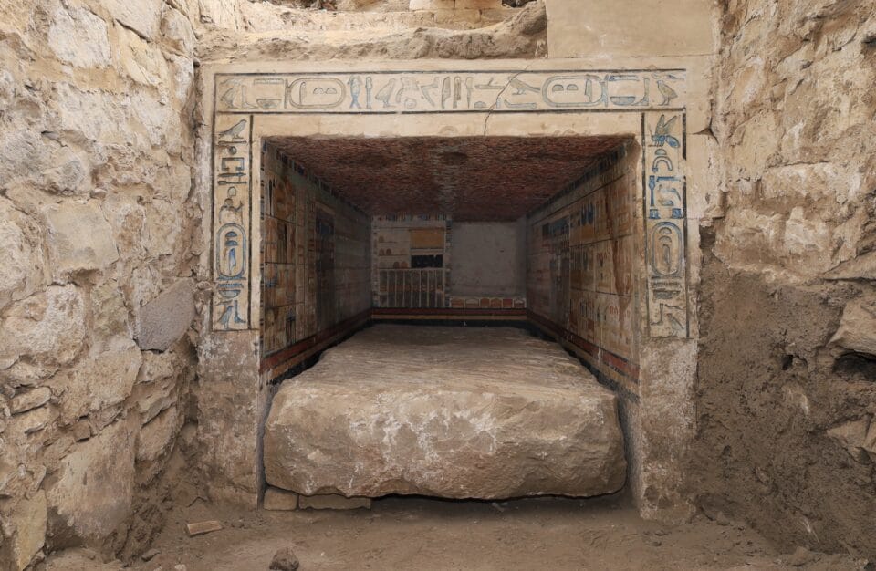 at Saqqara, the linteled entrance to the ancient burial chamber of a doctor in ancient Egypt