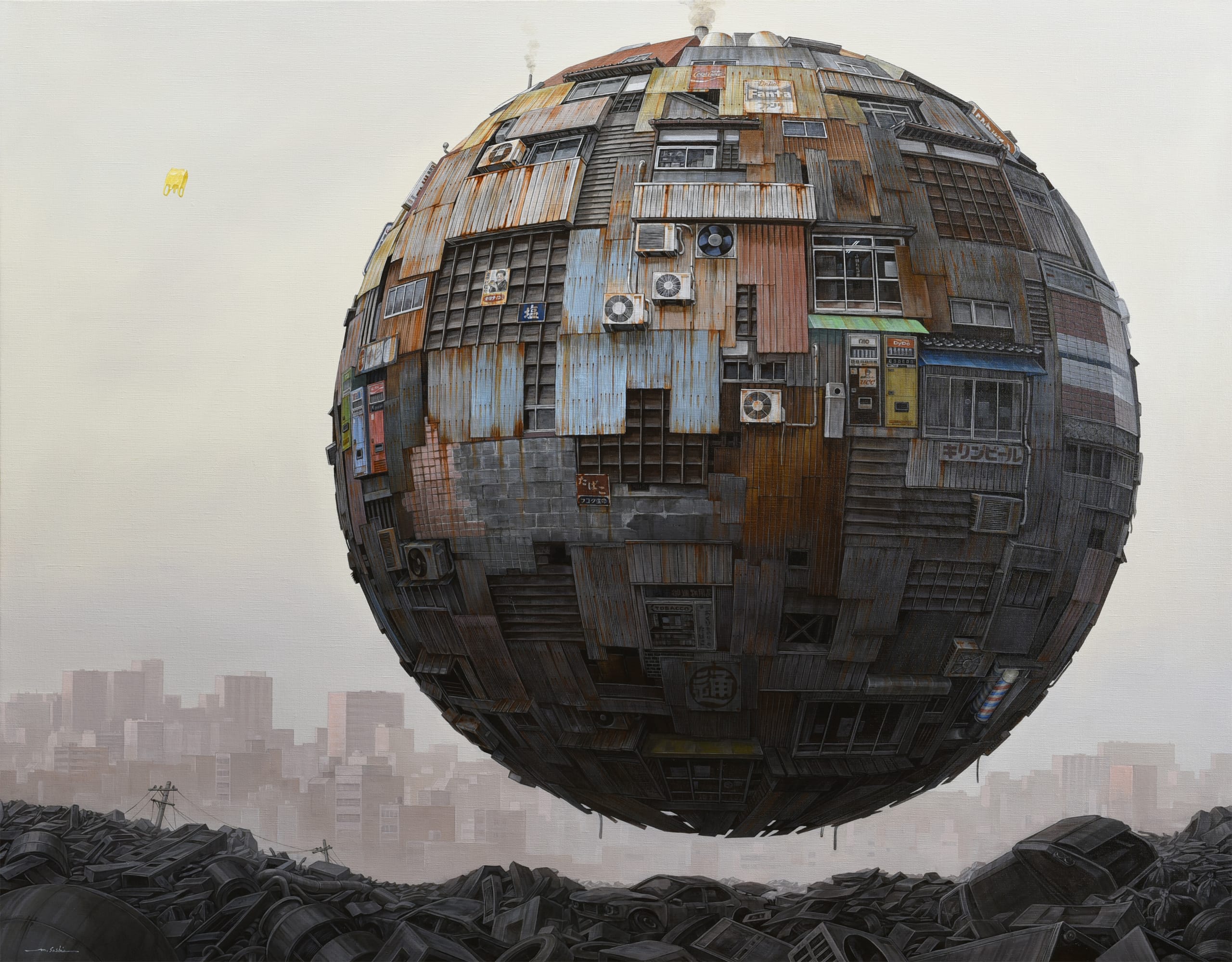 a science fiction-inspired painting of a giant orb covered in architectural elements and signs, hovering over a darkened, detritus-covered landscape