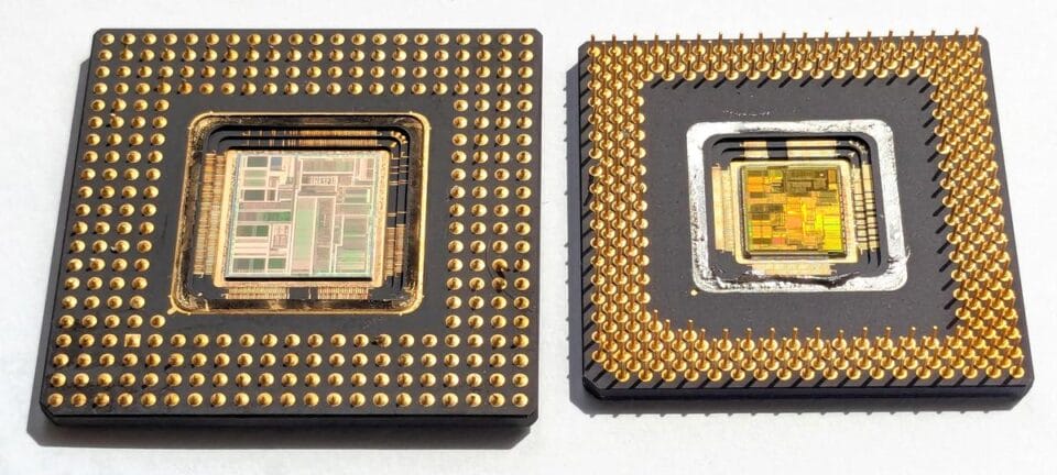 two Intel Pentium core processor chips side-by-side