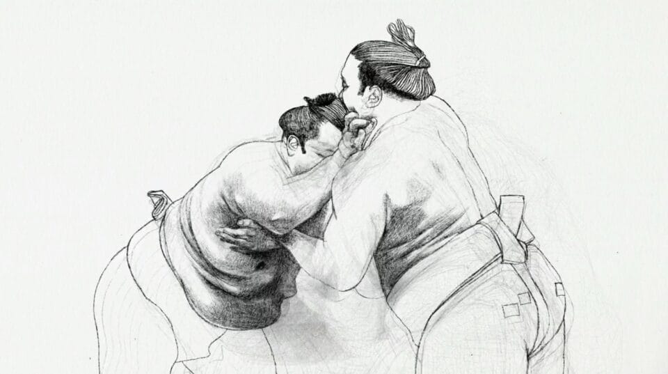 a still from an animated short of two sumo wresters rendered in pencil