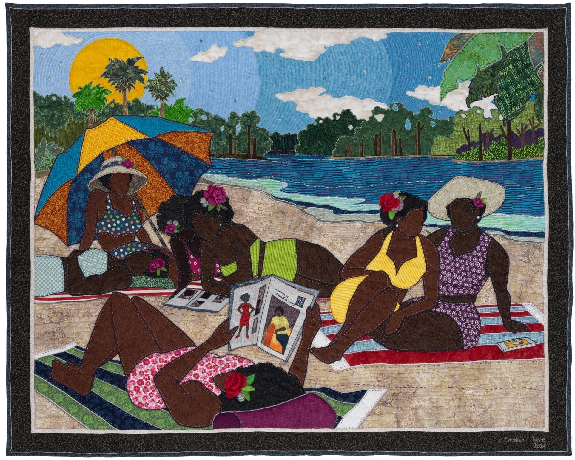 a quilted figurative portrait of a group of Black women lounging in the sun on a sandy riverbank