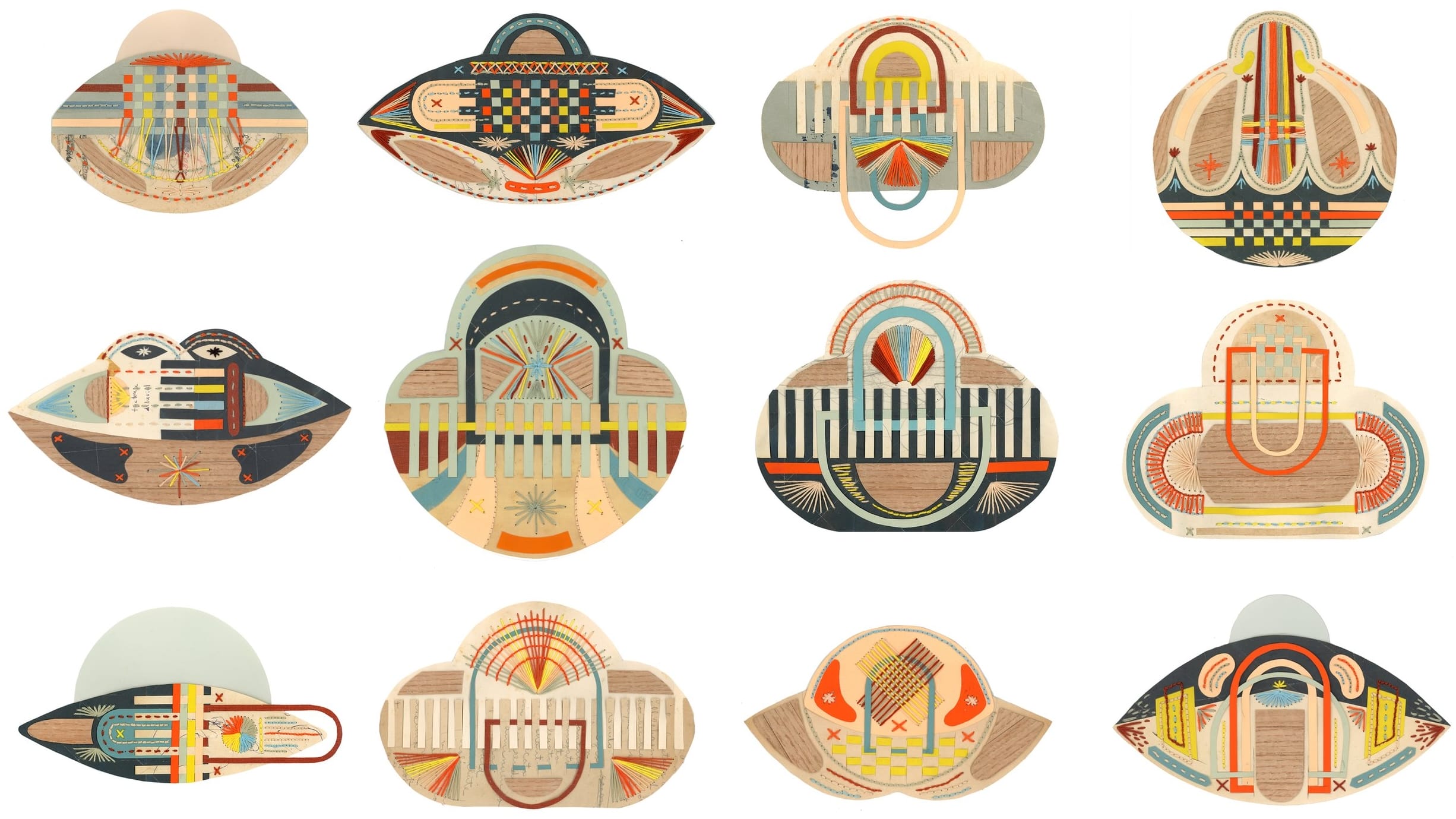 a set of 12 UFO-inspired abstract paper and stitched collages