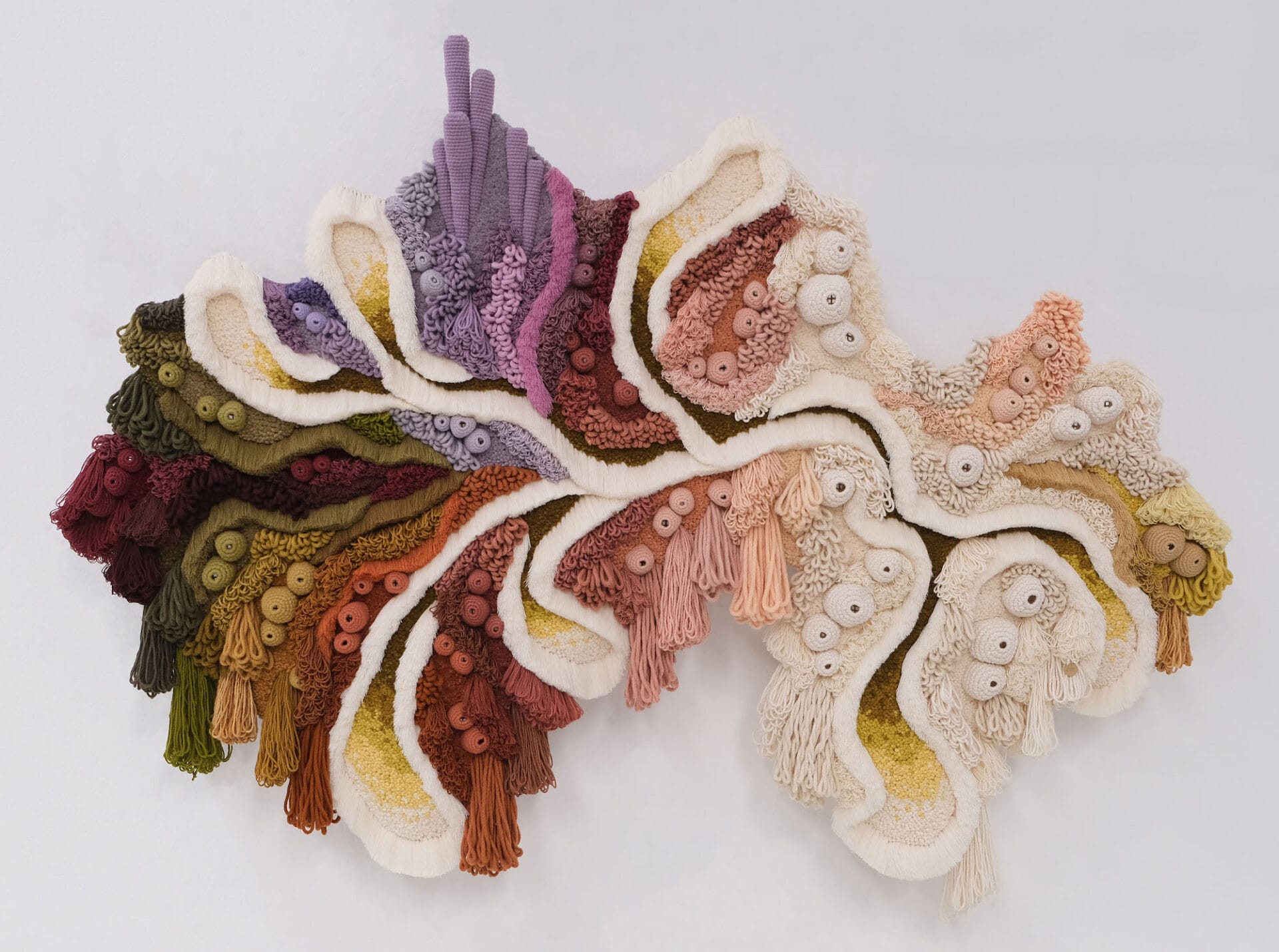 crocheted forms resembling corals along with tufts of latch-hooked and hanging yarn come together in a hanging wall piece evoking underwater ecosystems