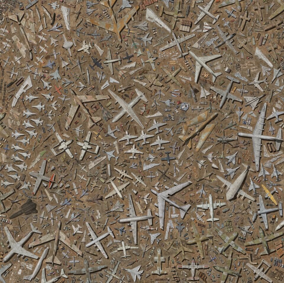 a very detailed digitally created aerial composite image of numerous disused military airplanes, tanks, and other vehicles