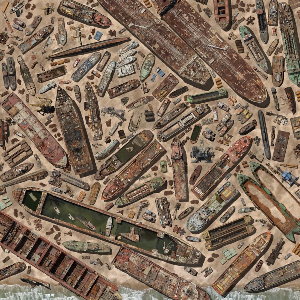 a very detailed digitally created aerial composite image of numerous ships and boats