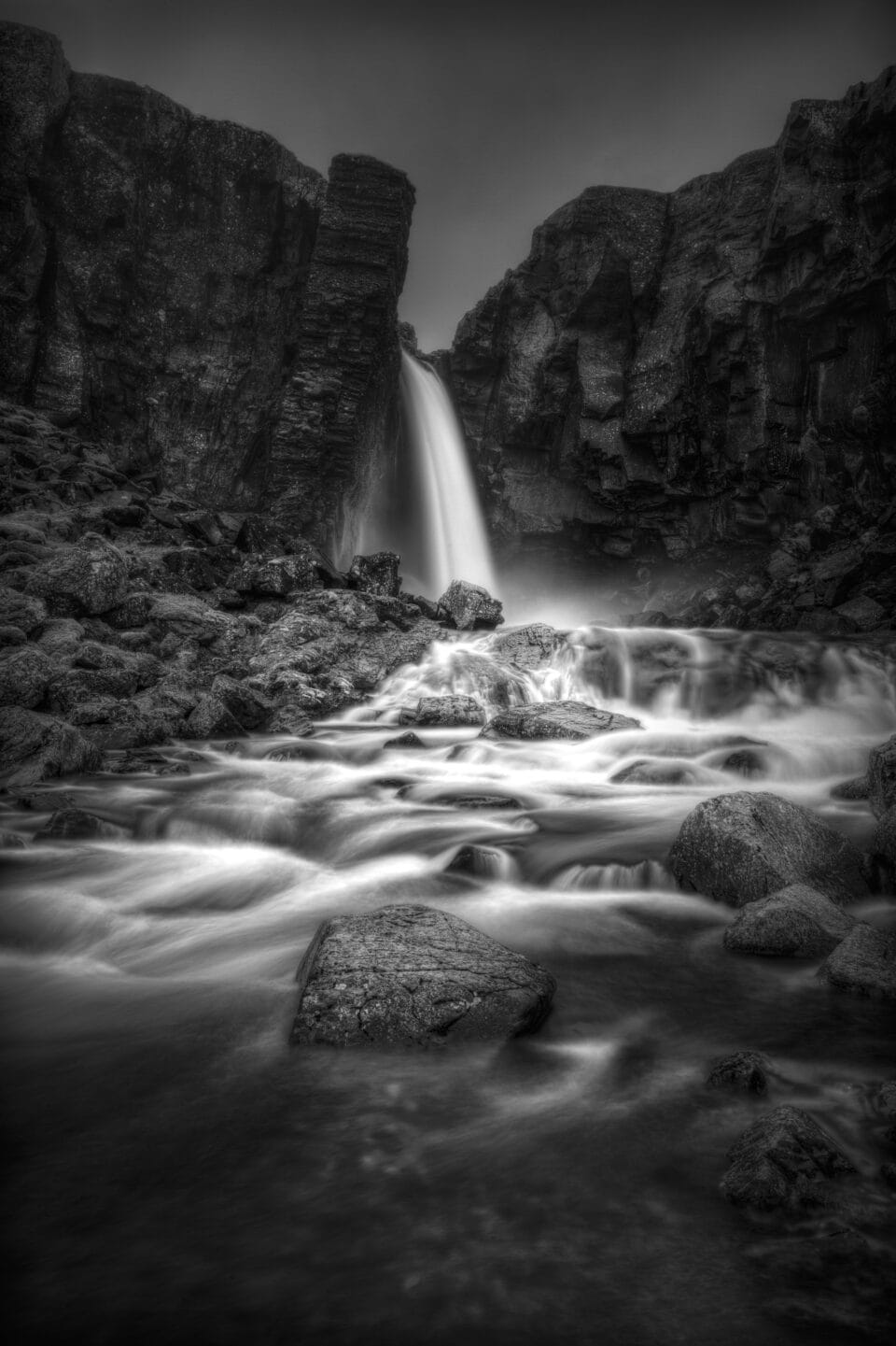 a black-and-white photograph of a waterfall in Iceland