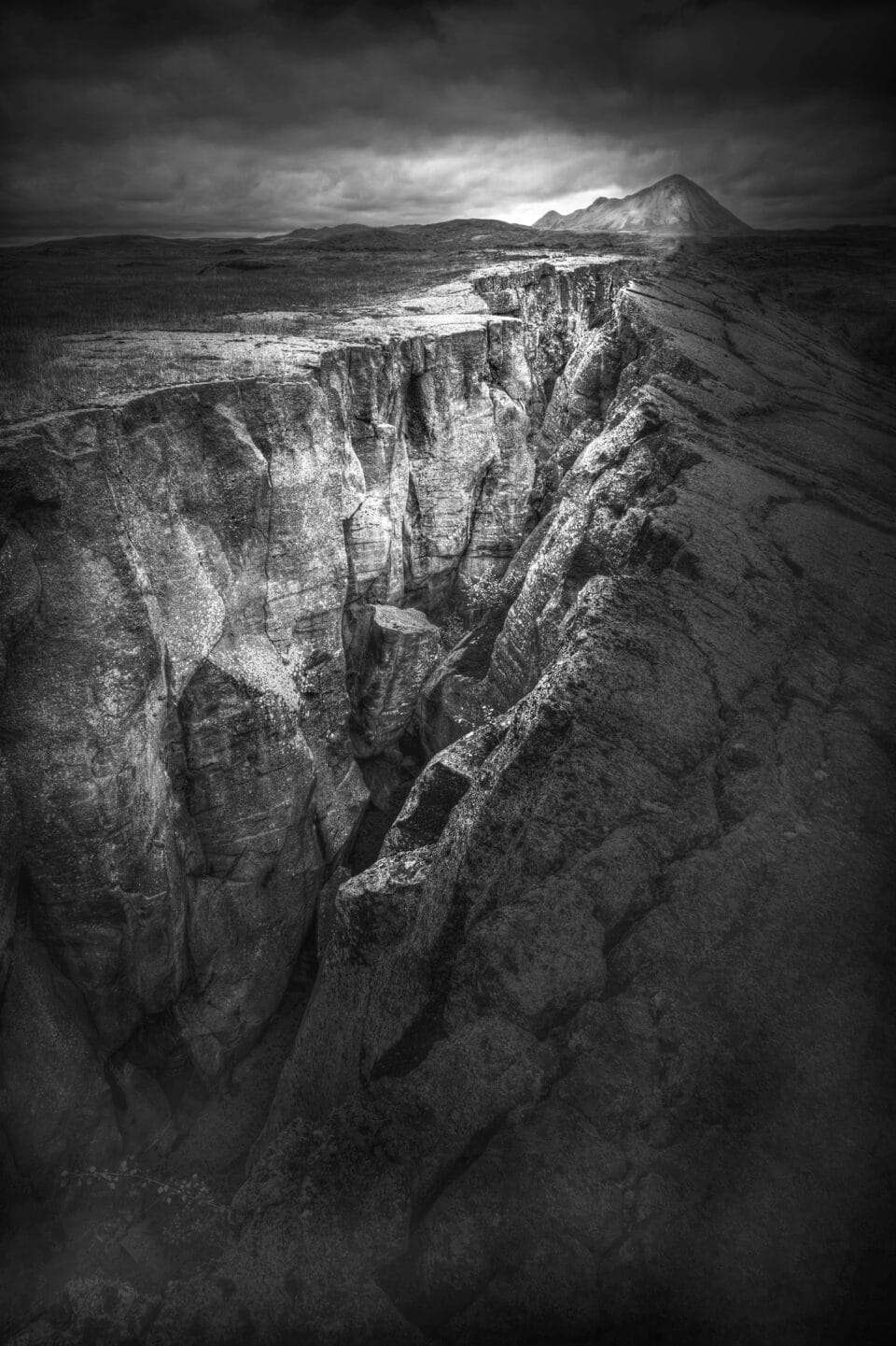 a black-and-white photograph of a craggy landscape in Iceland