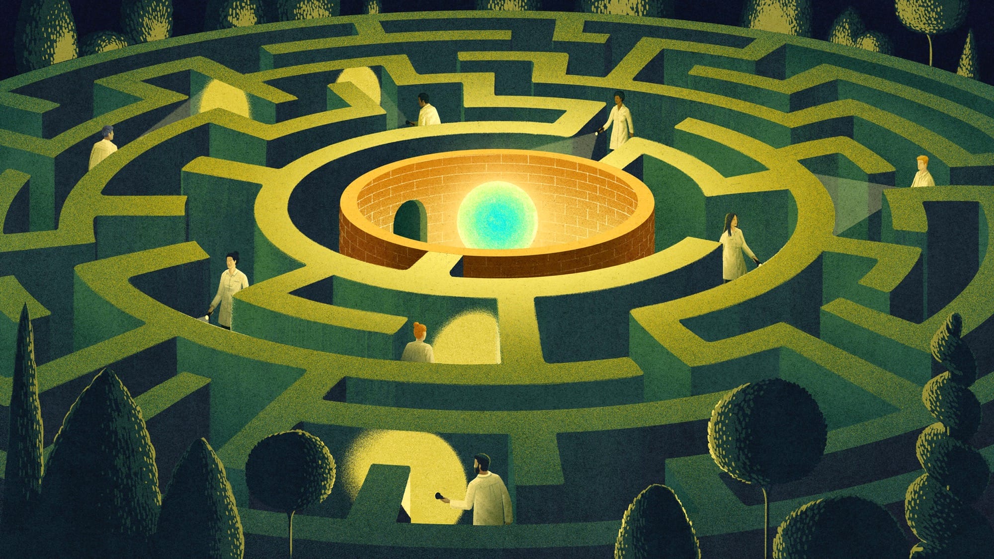 an illustration of a glowing orb in the center of a grassy maze